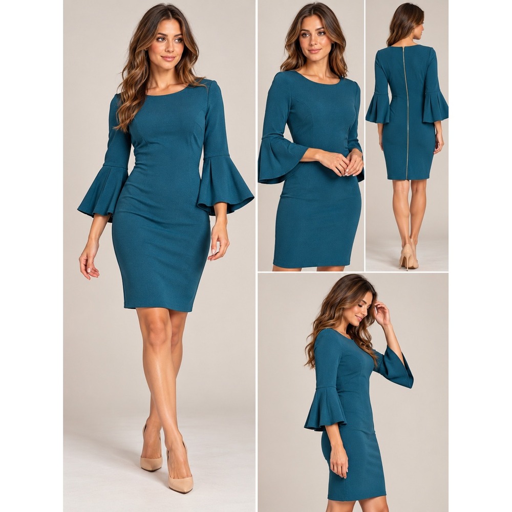 Teal Bodycon Office Bell Sleeve Dress Eliza J